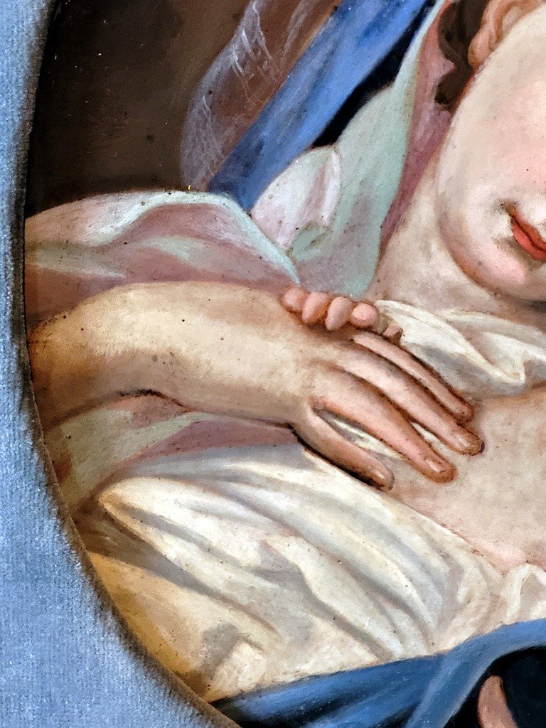 &quot; Vierge &agrave; l&#039; Enfant J&eacute;sus endormi &quot;- Huile sur Cuivre datant du XIXe Si&egrave;cle-photo-1