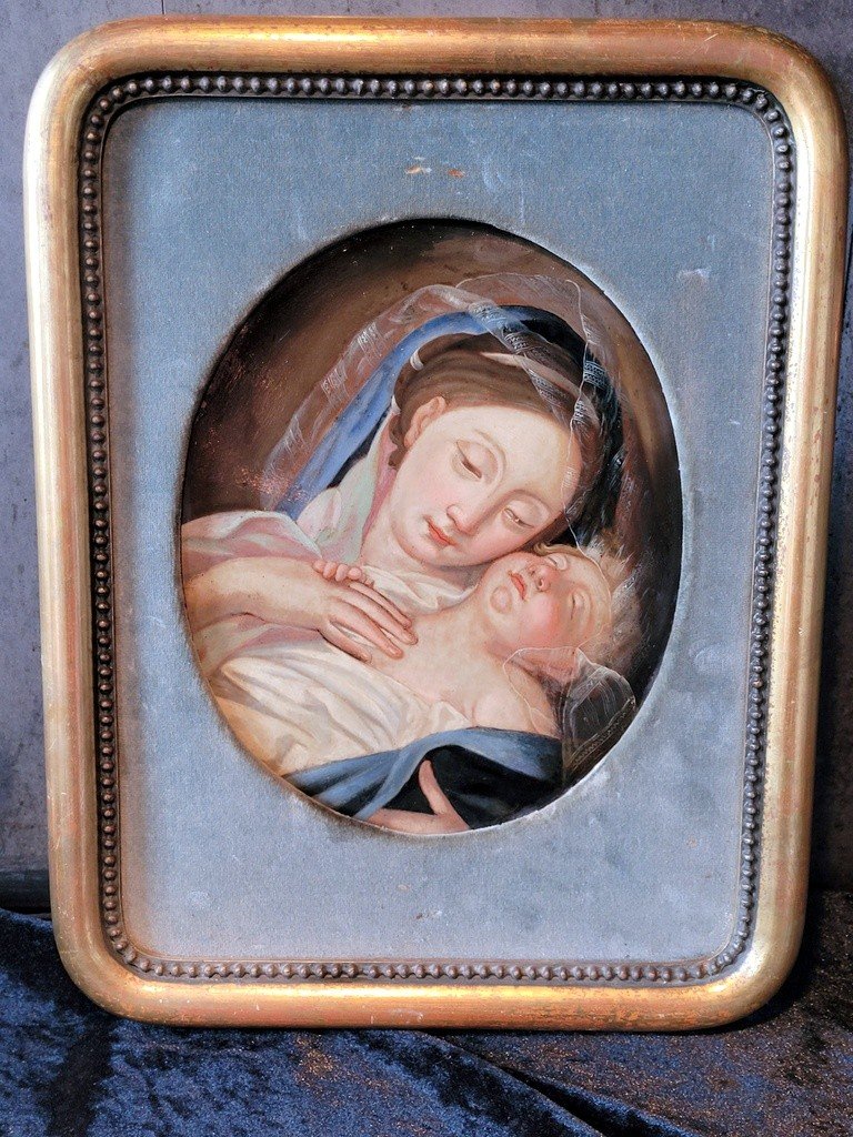 "virgin And The Sleeping Child Jesus" - Oil On Copper Dating From The 19th Century 