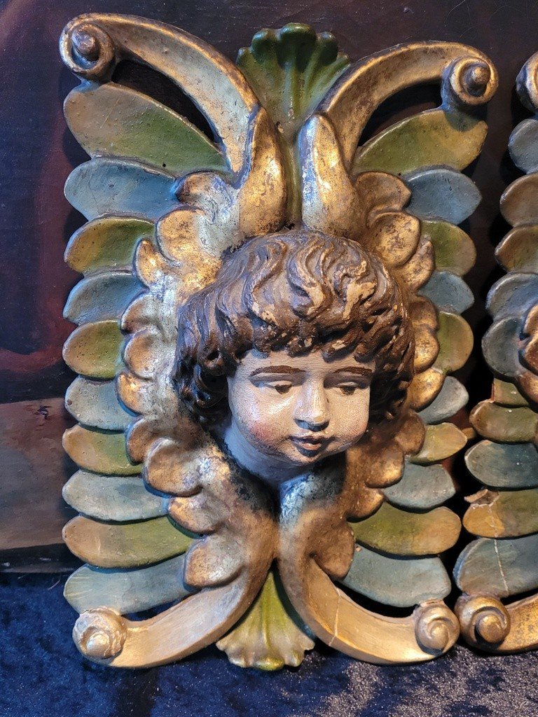  Paire d'Appliques Murales en Bois sculpté Polychrome -Têtes d'Angelots - XVIIIe Siècle-photo-2