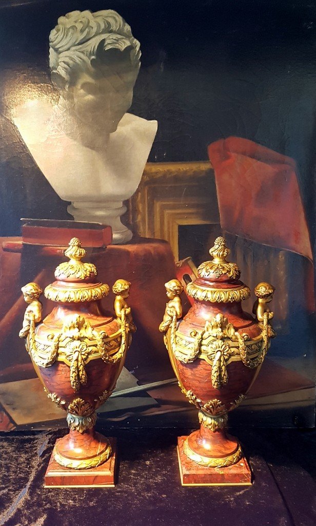 " Paire de Vases couverts Louis XVI " XIX e  Siècle - Marbre -Bronzes signés F. Barbedienne-photo-2