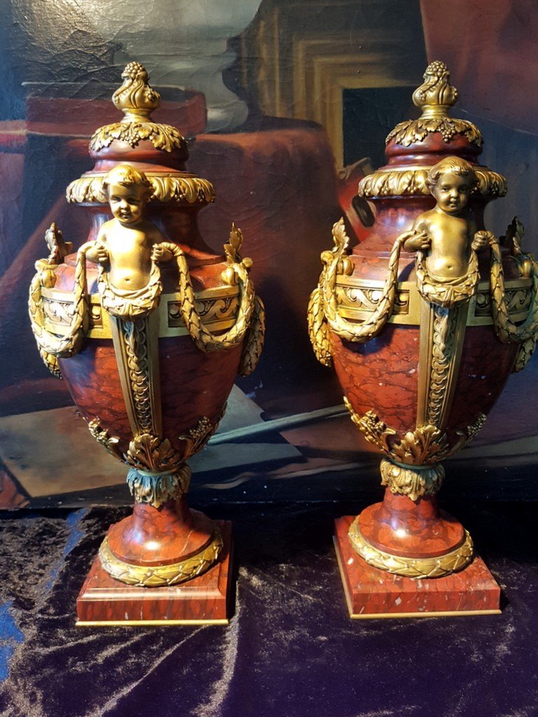 " Paire de Vases couverts Louis XVI " XIX e  Siècle - Marbre -Bronzes signés F. Barbedienne-photo-3