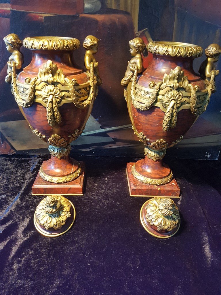 " Paire de Vases couverts Louis XVI " XIX e  Siècle - Marbre -Bronzes signés F. Barbedienne-photo-4