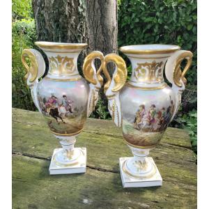 Importante  Paire de Vases  &quot; Batailles  Napol&eacute;oniennes &quot;en Porcelaine sign&eacute;s Guillon - Epoque Empire