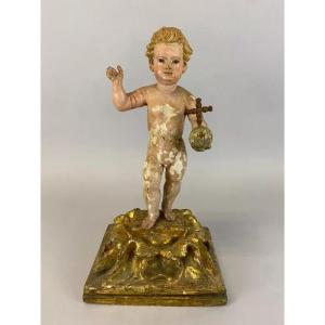  &quot; J&eacute;sus enfant &quot; tenant l&#039;orbe crucif&egrave;re - Sculpture en bois polychrome  datant du  XVIIIe Si&egrave;cle