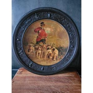  Albert De Gesne (1834-1903) - Large Painted Sheet Metal Dish With A Hunting Scene - 19th Century 