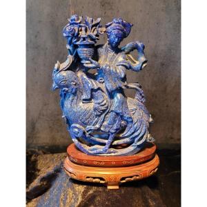  Lapis Lazuli Sculpture "deity On A Rooster" On Wooden Base.