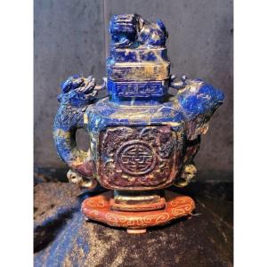  Lapis Lazuli Sculpture "covered Urn" On Wooden Base.