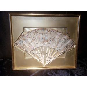 18th Century Fan - Hand Painted On Paper In Gilded Frame 