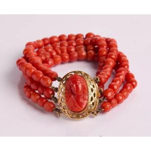 "coral Cameo" Bracelet Decorated With 4 Rows Of Coral - Yellow Gold Clasp - Napoleon III Period