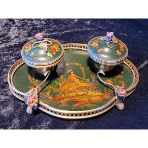  Desk Inkwell In Painted Sheet Metal With Japanese Decor - 19th Century Napoleon III 