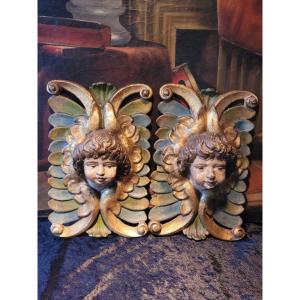  Pair Of Polychrome Carved Wood Wall Sconces - Angel Heads - 18th Century