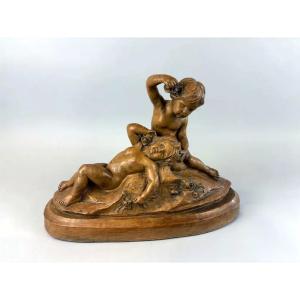 "putti" Group In Patinated Terracotta Signed On The Terrace - Late 19th - Early 20th Century