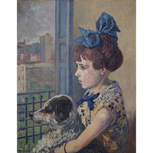 Renée et son chien à  Collioure par Adrien Hamon (1875-1963)