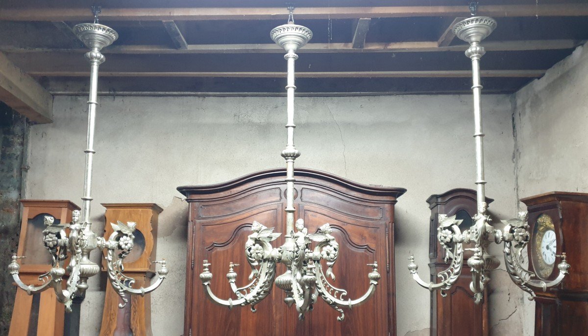 Set Of Three Important Silver Metal Chandeliers