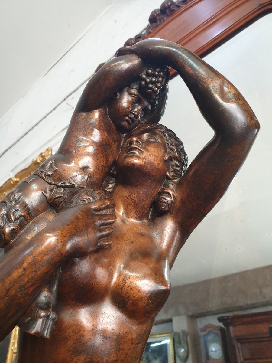 Bronze Subject Representing "the Bacchante With Small Faun" Model By Jean-joseph Foucou-photo-4