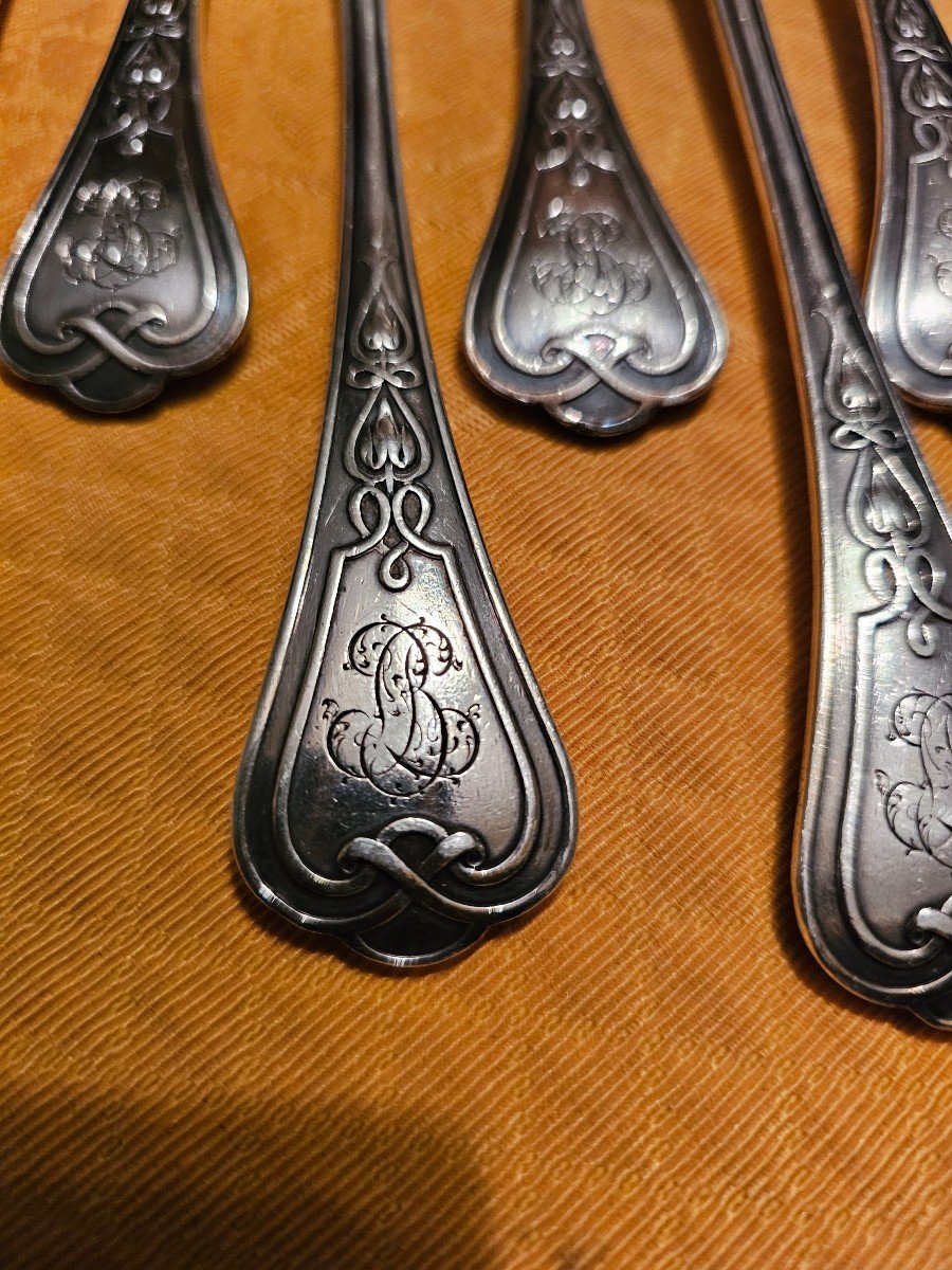 Set Of 10 Forks And 12 Spoons In Sterling Silver, Goldsmith Odiot-photo-4