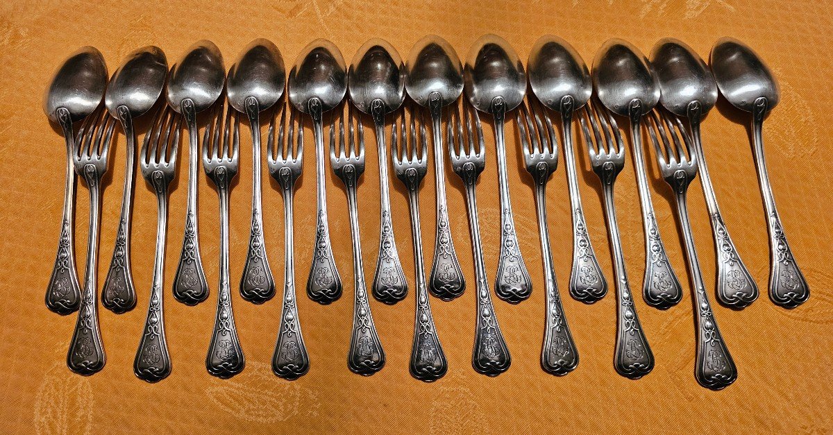 Set Of 10 Forks And 12 Spoons In Sterling Silver, Goldsmith Odiot