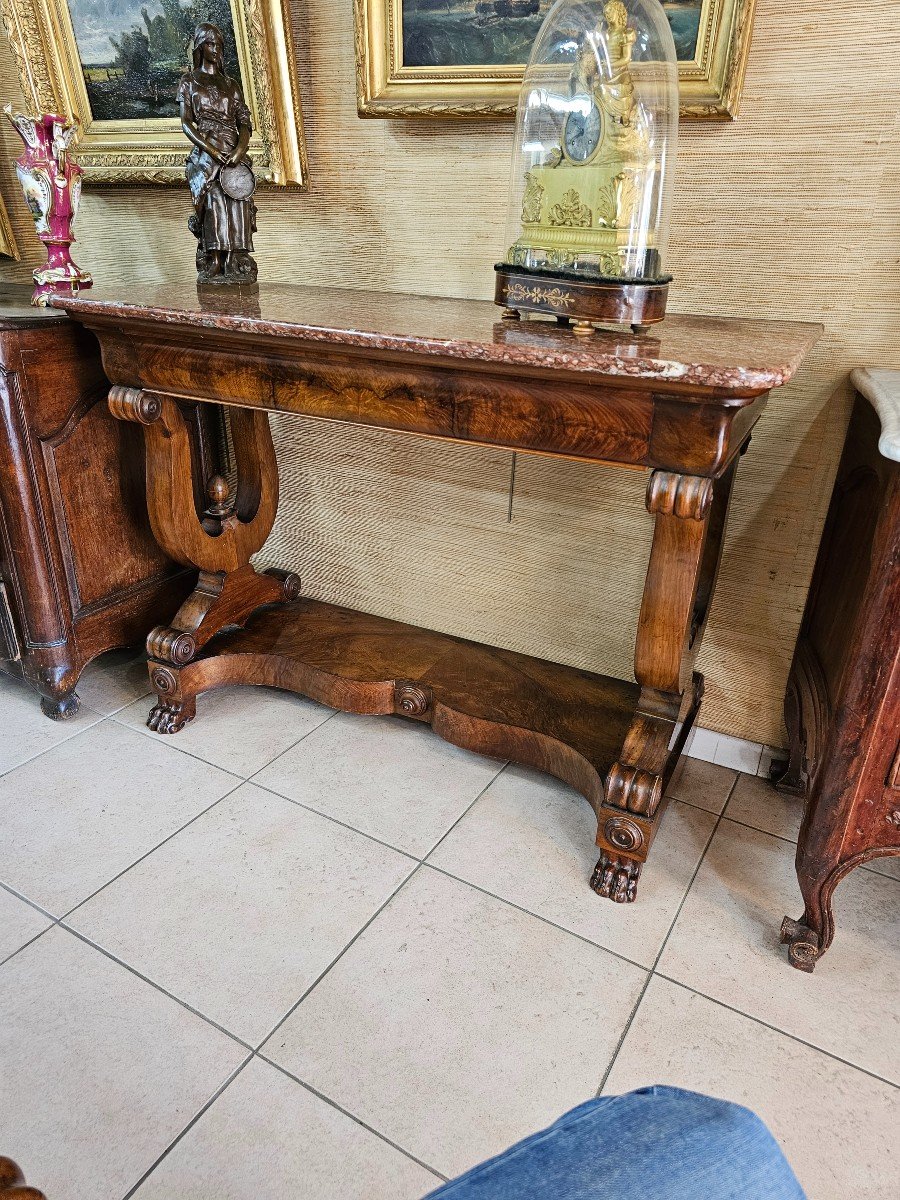 Restoration Console In Walnut And Walnut Veneer With Lyre-shaped Uprights -photo-7