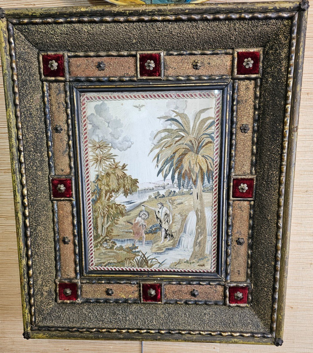 Framed Silk Embroidery Painting Representing The Baptism Of Christ