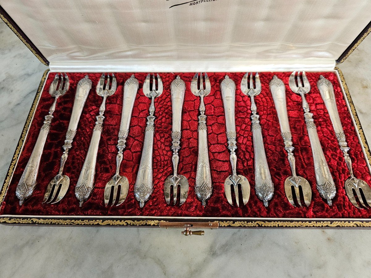 Box Of 12 Silver Oyster Forks -photo-2