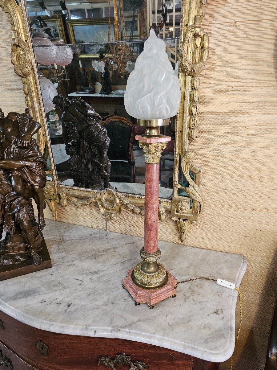 Very Important Electrified Oil Lamp In Marble And Bronze -photo-2