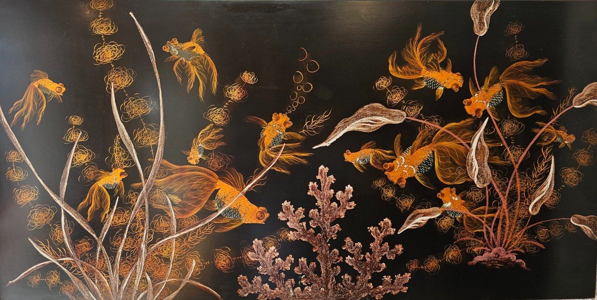 Asian Lacquer Panel With Fish Decor 