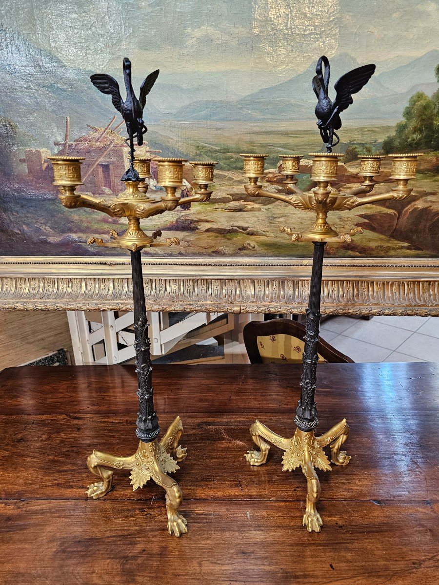 Paire De Candelabres En Bronze à Patine Sombre Et Dorée d'époque Napoléon III -photo-3