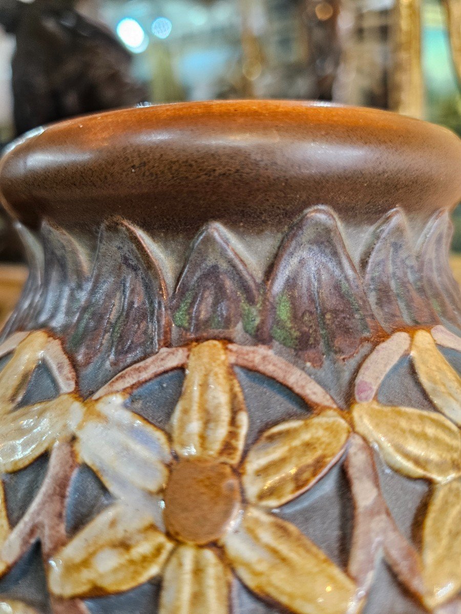 Large Stoneware Vase Signed Mougin Nancy With Crystallization And Chamomile Flower Decor -photo-3