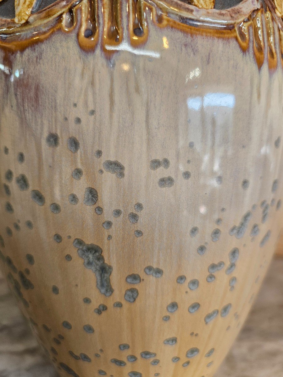 Large Stoneware Vase Signed Mougin Nancy With Crystallization And Chamomile Flower Decor -photo-4