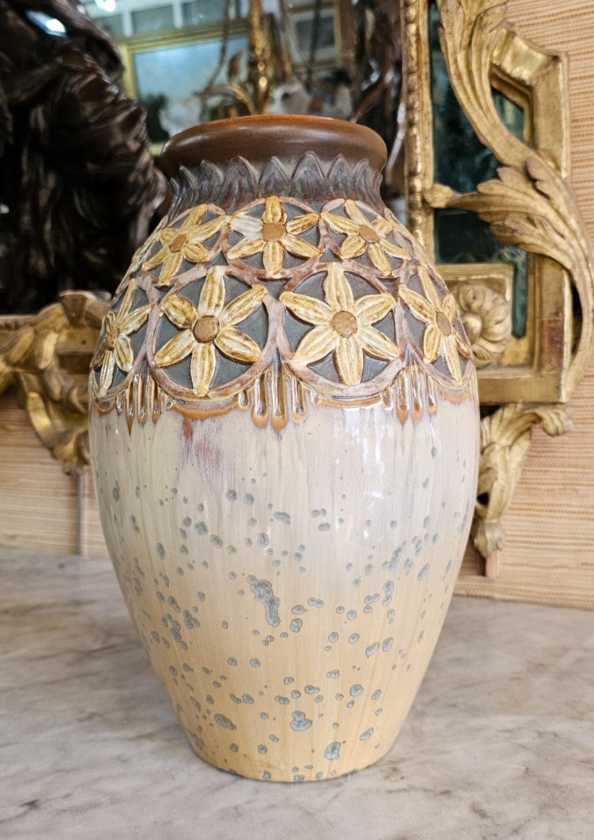 Large Stoneware Vase Signed Mougin Nancy With Crystallization And Chamomile Flower Decor 