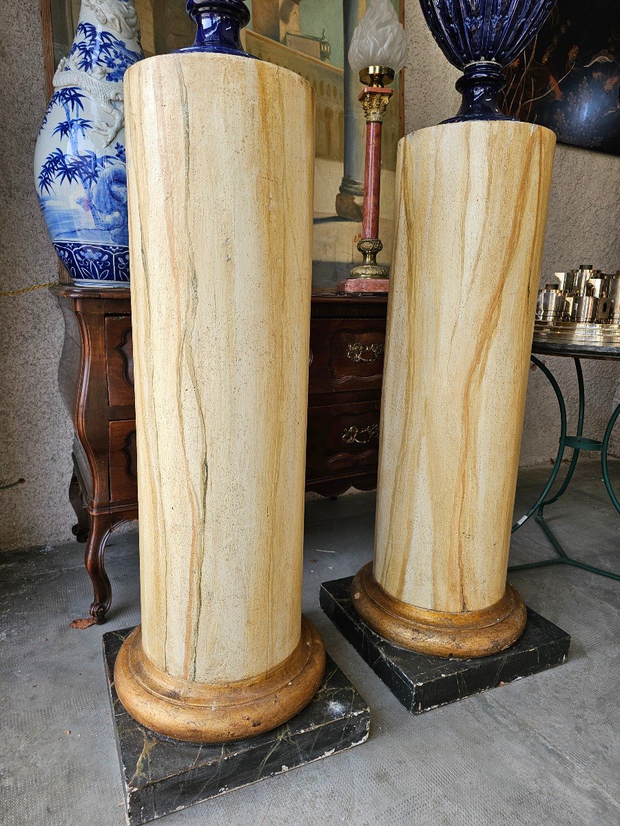 Pair Of Stuccoed And Painted Wooden Columns In Imitation Marble