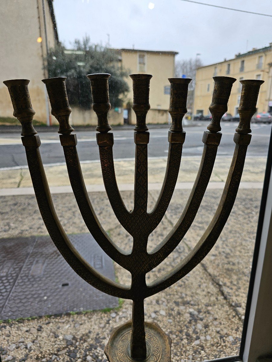 Menorah Or Jewish Candlestick With 7 Arms, On Stand. Bronze 