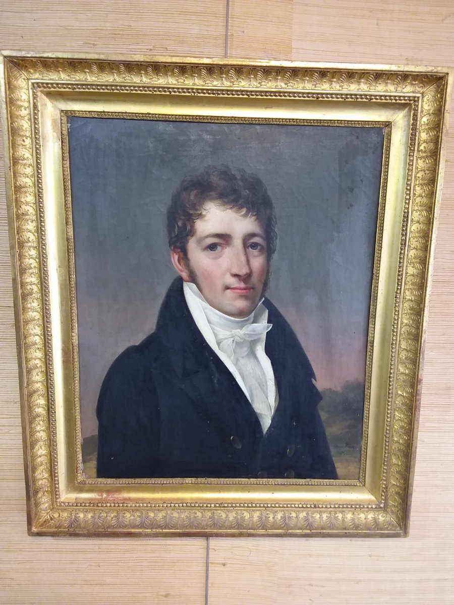 Tableau Portrait d'Un Jeune Homme Au Noeud Blanc Signé Edmée Brucy Et Daté 1817