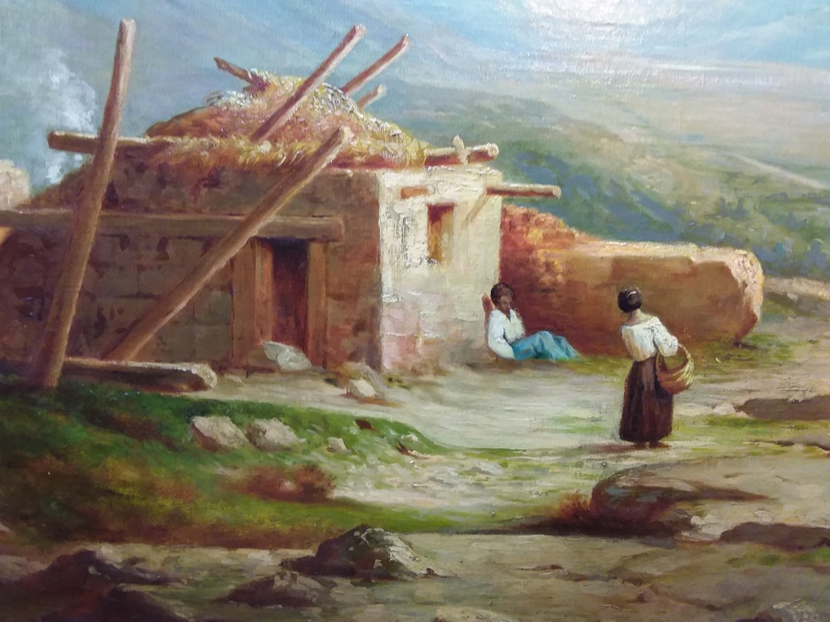 Table Representing A Hilly Landscape, In The Foreground A Ruined House And Characters-photo-2