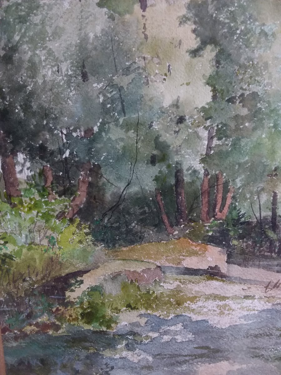 Watercolor Wooded Path Signed S. Bertrand-photo-4