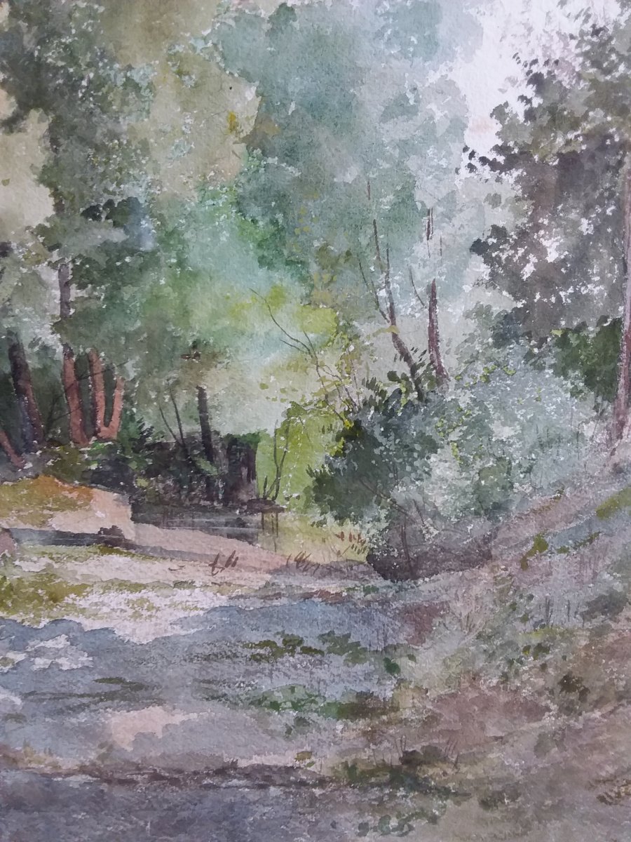 Watercolor Wooded Path Signed S. Bertrand-photo-1