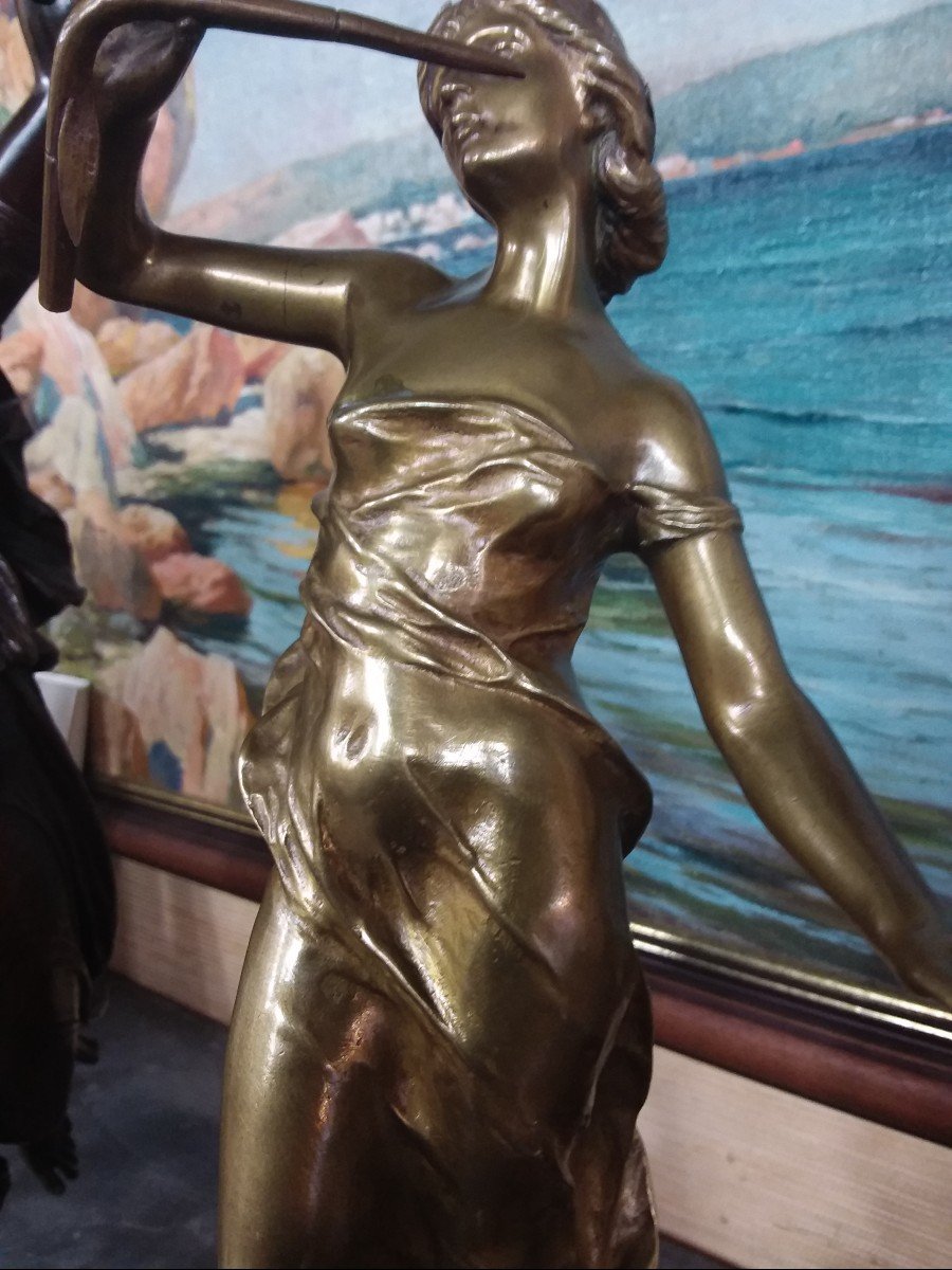 Bronze "young Woman With A Reed" By Julien CaussÉ Bronze Patina On Morello Cherry Marble Base-photo-3