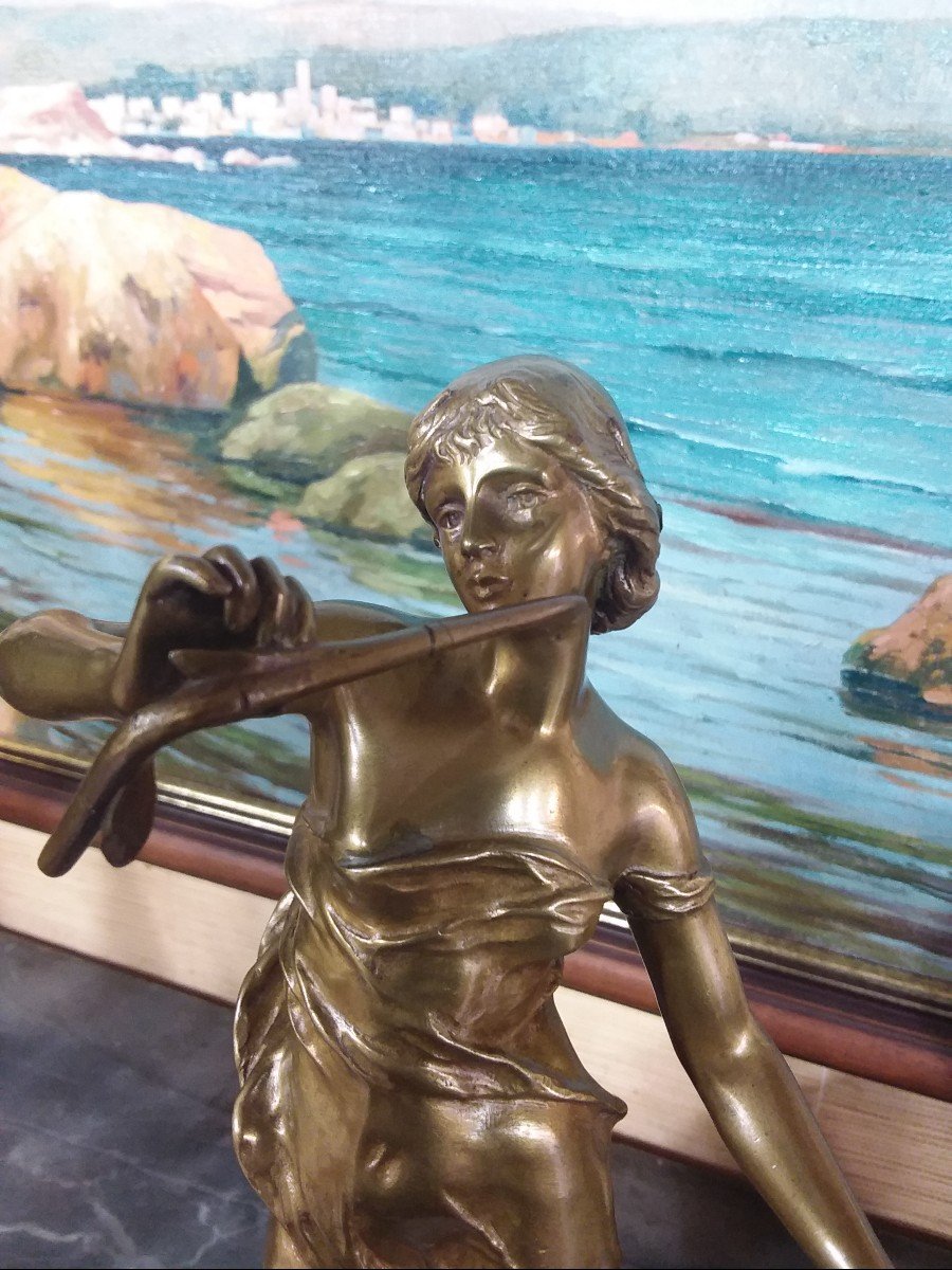 Bronze "young Woman With A Reed" By Julien CaussÉ Bronze Patina On Morello Cherry Marble Base-photo-4