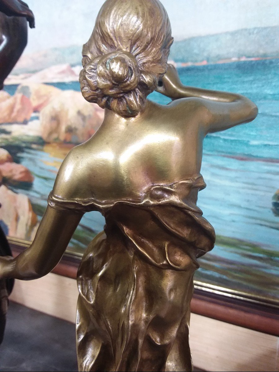 Bronze "young Woman With A Reed" By Julien CaussÉ Bronze Patina On Morello Cherry Marble Base-photo-5