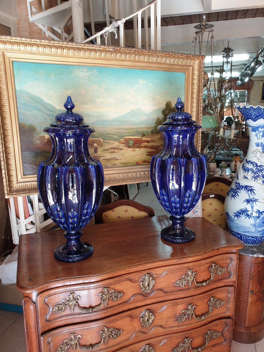 Important Pair Of Covered Vases In Blue Glazed Earth, Sarreguemines Duplessis Model-photo-4