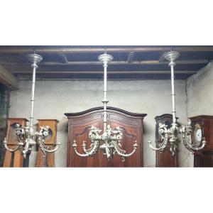 Set Of Three Important Silver Metal Chandeliers