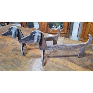 Pair Of Zoomorphic Andirons, Couple Of Dachshunds Attributed To Edouard Schenck 1950