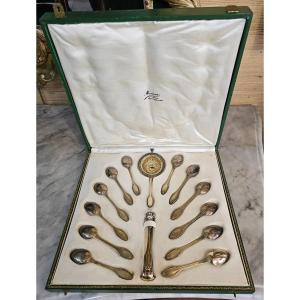 Box Of 12 Small Sugar Tongs Sprinkling Spoons In Vermeillé Silver Puiforcat