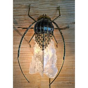 Insect Lamp, Brass And Quartz, 70s, In The Style Of Henri Fernandez, Duval Brasseur