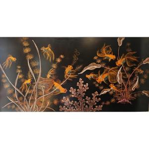 Asian Lacquer Panel With Fish Decor 