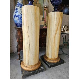 Pair Of Stuccoed And Painted Wooden Columns In Imitation Marble