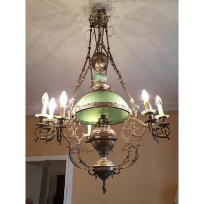 Suspension Chandelier In Silver Brass And Opaline, Napoleon III Period