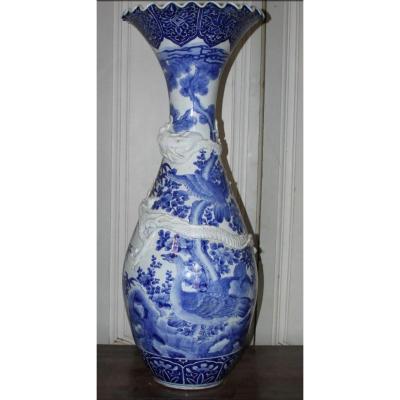 Très Grand Vase En Porcelaine Bleu Et Blanc , Japon époque Meiji
