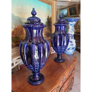 Important Pair Of Covered Vases In Blue Glazed Earth, Sarreguemines Duplessis Model