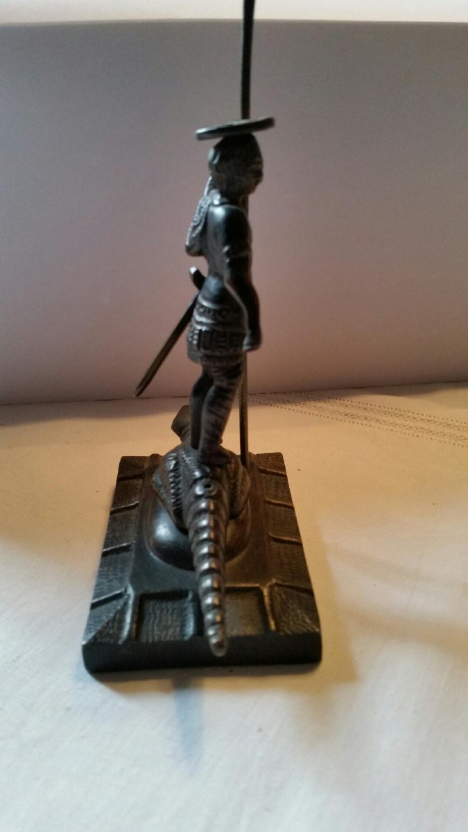 Funny Bronze Subject Representing A Warrior Standing On A Crocodile-photo-3